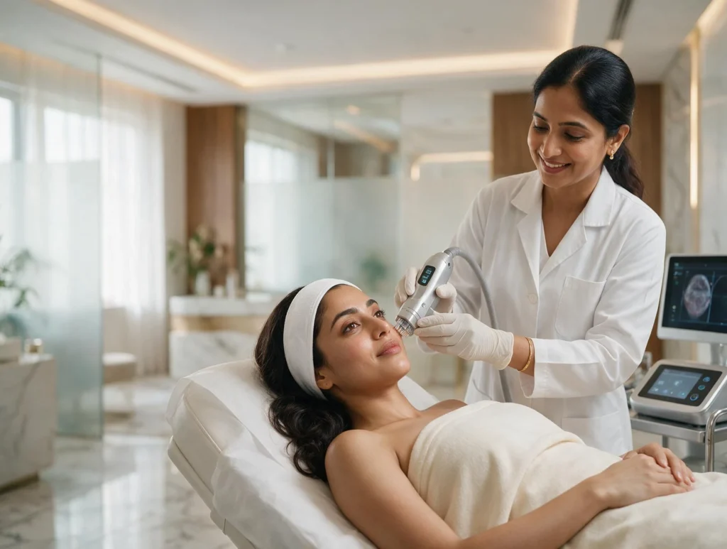 Dermatologist explaining Morpheus8 treatment for collagen stimulation and non-surgical skin rejuvenation.